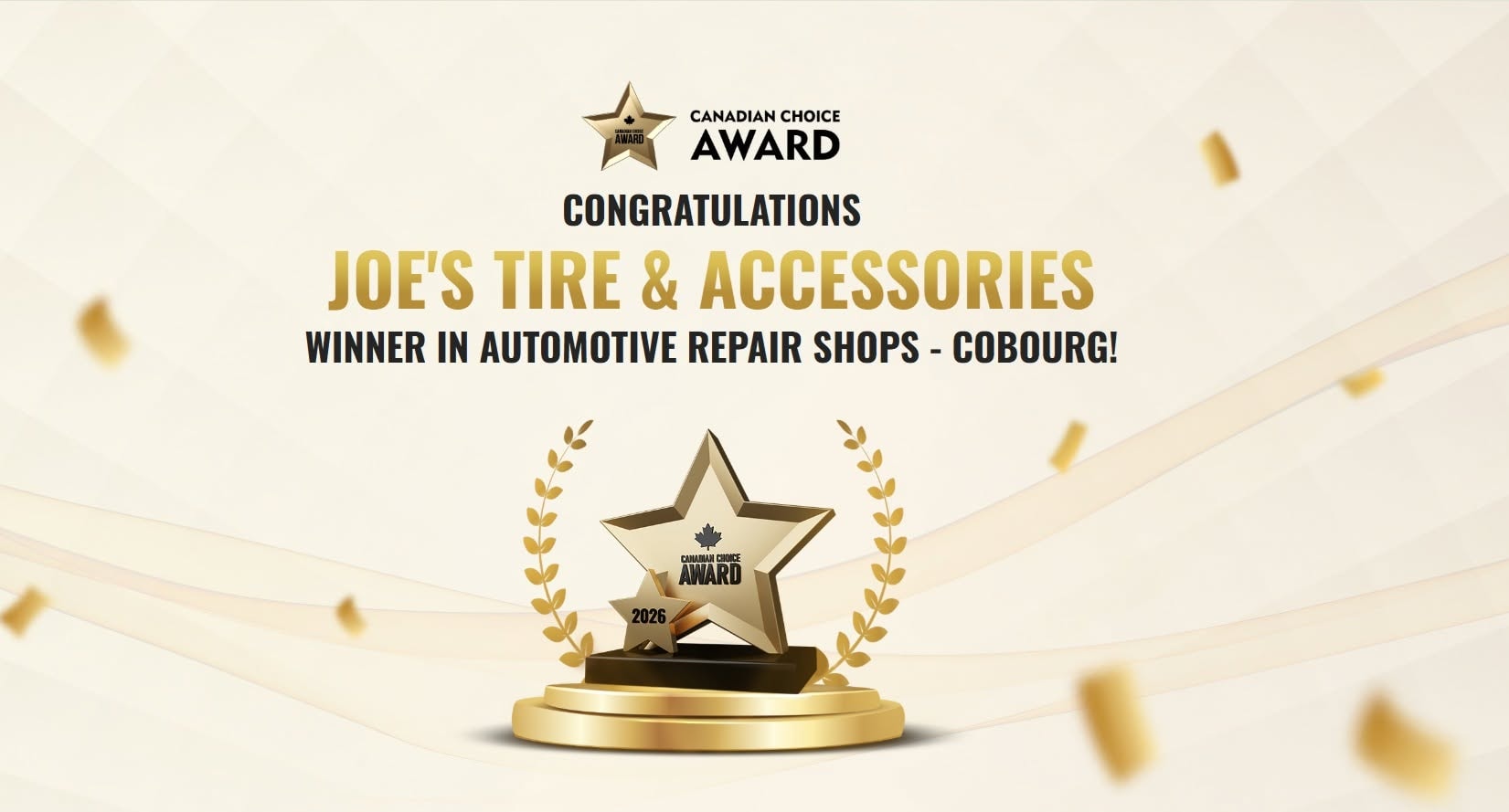 Canadian Choice Award congratulating Joe's Tire and Accessories as a 2026 winner in automotive repair shops in Cobourg